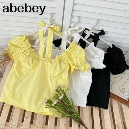 2021 New Summer Fashion versatile square collar puff sleeve Shirt bandage bow Edible Tree Fungus edge short Shirt Top