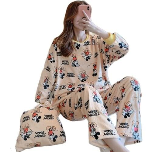 Disney Mickey Mouse Pajama Set Women Winter Flannel Sleepwear Homewear Thick Warm Female Nightgown Two Piece Set Winnie the Pooh