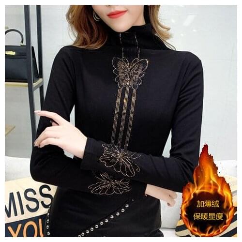 Woman Tshirts Womens Turtleneck Rhinestone Long-Sleeved Shirt Tops Mujer Camisetas