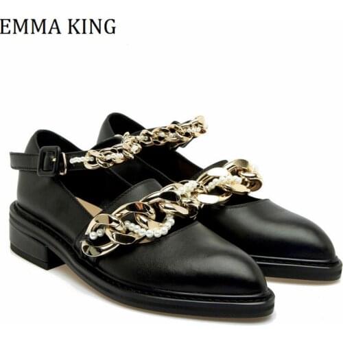 Spring 2021 Women Mary Jane Shoes String Bead Metal Chain Leather Shoes Women Vintage Soft Shoes for Women Zapatos De Mujer
