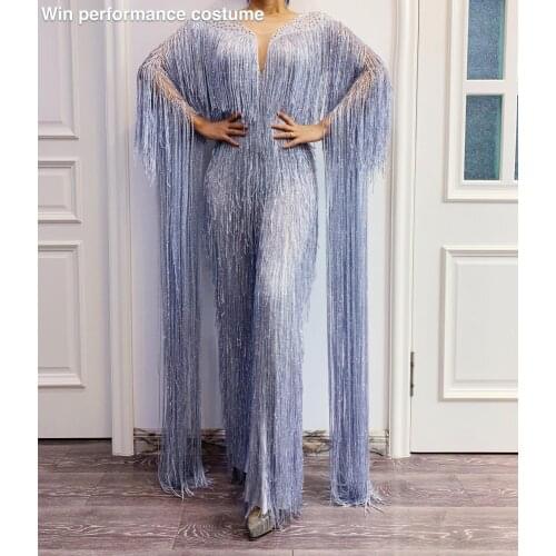 Glisten Crystals Jumpsuit Sexy Long Multi-colored Tassel Rhinestones Bodysuit Women Nightclub Outfit Singer Stage Dance Costume