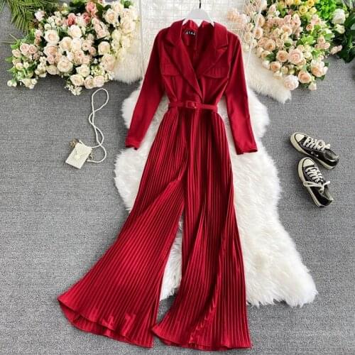 New 2021 Spring Fashion Korean Ladies Pleated Wide Leg Jumpsuit Long Sleeve V-neck Solid Overalls For Women Elegant Red Bodysuit