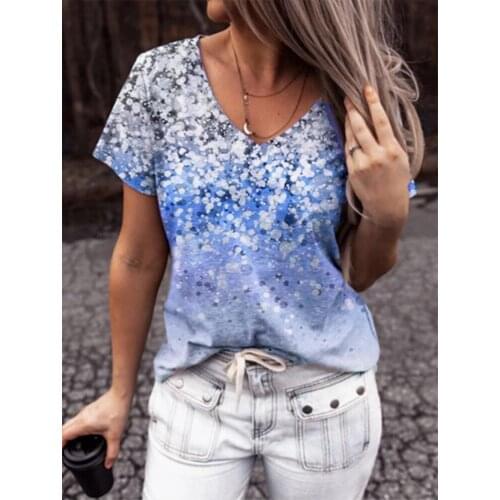 2021 New Fashion Pullovers Blouse Shirt Print Womens Tops V-Neck Loose Casual Summer New Female Plus Size 5XL