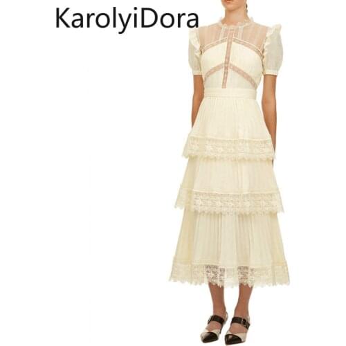 Summer Self Portrait Beige Pleated Dress Women Short Sleeve Lace Patchwork Cascading Ruffles Long Dress Female Layer Cake Dress