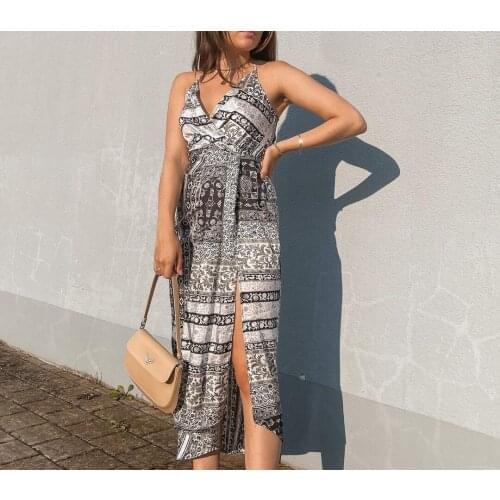 XEASY Summer Women Vintage Beach Style Slim Dress Female Fashion Black White Print V-Neck Split Casual Party Sling Midi Dresses