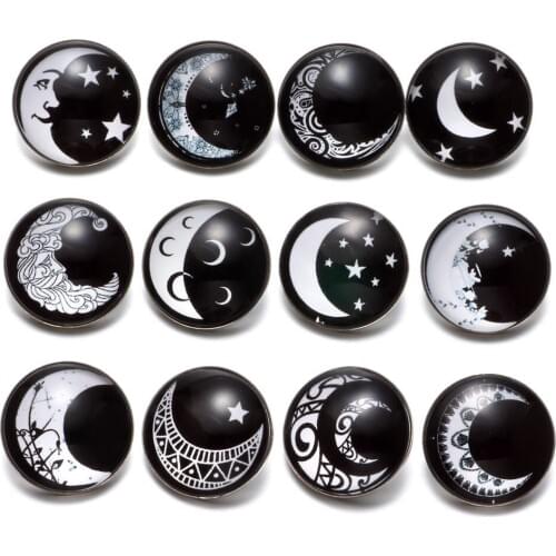 12pcs/lot Black&White Theme Moon & Fairy Pattern 18mm Snap Button Charms For 18mm Snaps Bracelet Snap Jewelry KZ0631