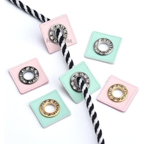 30pcs/lot 27mm square Pink/Mint PU leather sew on Badges patch + 17mm metal brass glass rhinestone grommets eyelets 9mm hole