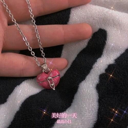 Y2K Pink Purple Copper Heart Shape Lock Open Box Pendant Necklace For Women Party Fashion Jewelry Long Chain