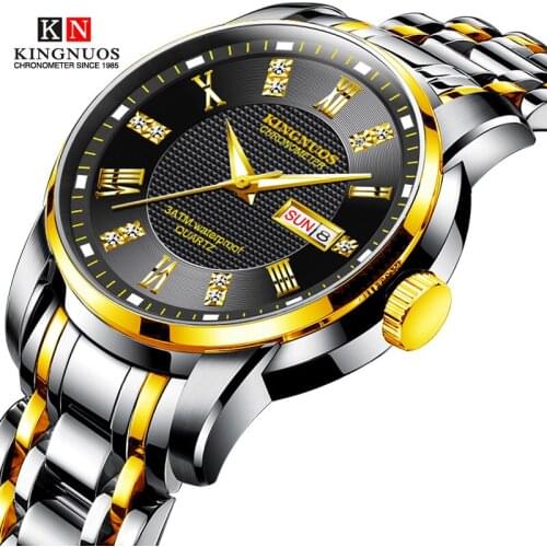 KINGNUOS 2020 stylish gold mens steel belt calendar week multifunction watch waterproof casual business gentleman watch