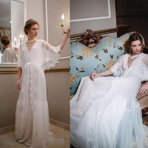 Elegant Women Night Robe Sleepwear Lace Appliqued Party Dress Floor Length Graceful Nightgowns Robes