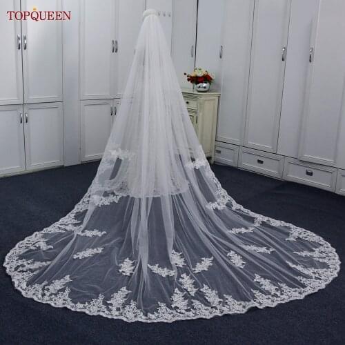 TOPQUEEN V67 Bridal Veils Wedding Cathedral Veil with Floral French Lace Trim Extra Long Royal Wedding Veil Spanish Mantilla