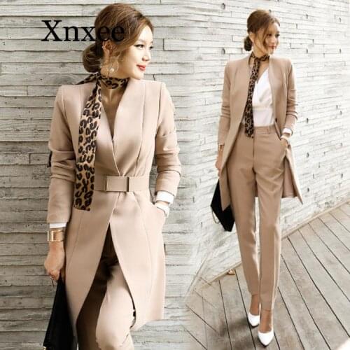 Khaki Set Female Autumn Winter Suit Two-piece Fashion Slim Solid Color Long Suit Jacket + Slim Trousers New Womens Clothing