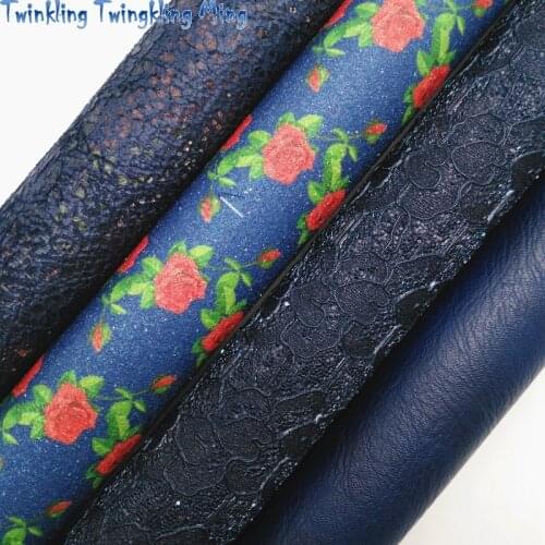 Navy Blue Lace Glitter Leather, Red Rose Printed Synthetic Leather Faux leather Sheets for bows DIY 21x29CM Twinkling Ming KM483