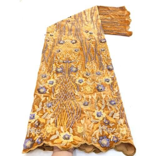 2020 Gold Yellow Nigerian Velvet Lace Fabrics High Quality African Net Lace Fabric With Sequins French Lace Fabric Sewging Party