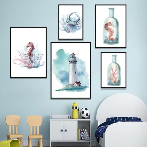 Nordic Style lighthouse Marine Animal Canvas Painting Home Decor Wall Art Modular Pictures Watercolor Poster For Kids Room