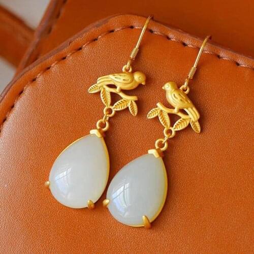 New Silver Natural Hotan white Chalcedony Drop Earrings Chinese style retro unique ancient gold craft charm womens jewelry
