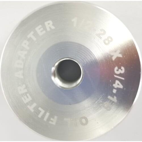 Oil Filter Adapter 1/2-28 Internal Threads to 3/4-16 External Threads 2.5" Diameter Billet Aluminum Smooth Surface