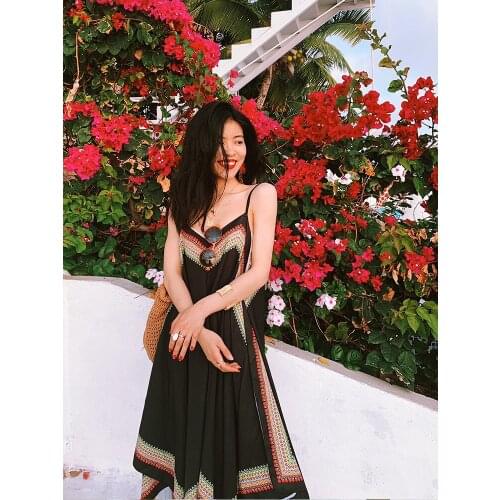 Bohemian Vacation V-Neck Irregular Printing Loose Large Skirt Backless Camisole Dress Summer Thin Beach Sling Small Black Dress