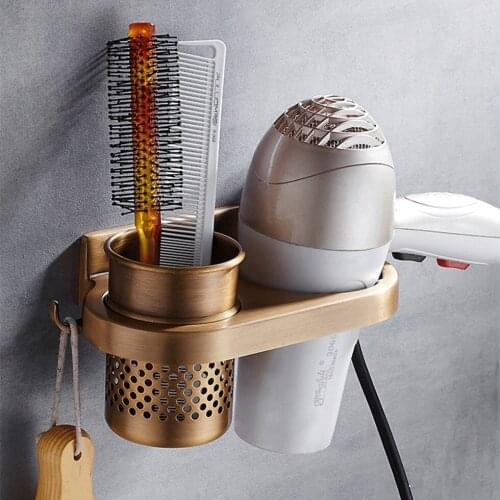 Antique Bathroom Shelf for Hair Dryer Comb Cup Holder Space Aluminum Wall Mounted Rack White Black Silver