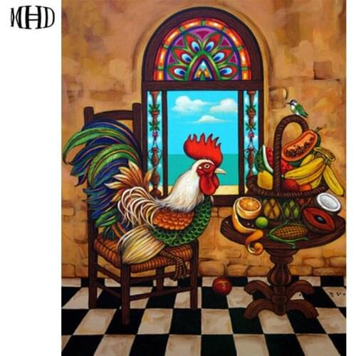Full 3D Round DIY Diamond Painting Mosaic Rooster Fruit Picture 5D Diamond Embroidered Diamond Cross Stitch Rooster 40