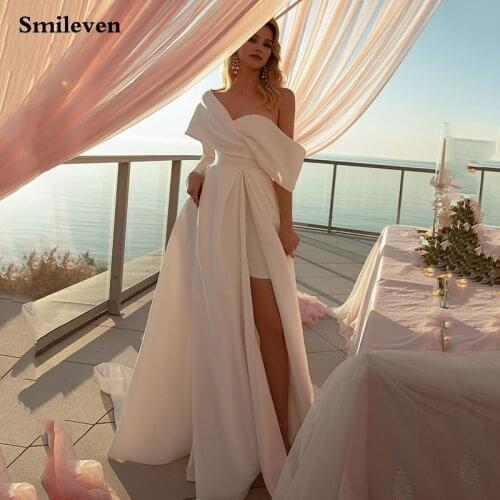 Smileven Ivory Princess Wedding Dresses Satin A Line With Short Skirt Bride Dress Long Train Boho Wedding Gowns