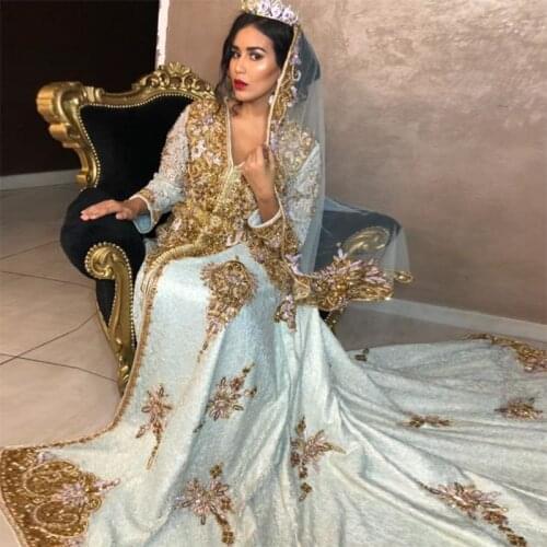 Luxury Beaded Crystal Moroccan Kaftan Evening Dress Plus Size Appliques Long Sleeves Muslim Arabic Prom Gown Formal Dress Custom