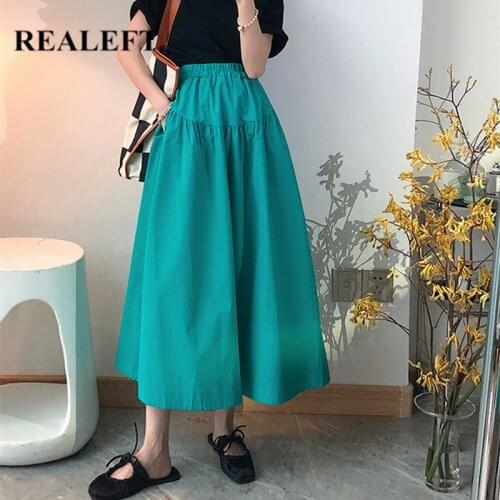 REALEFT Autumn Elegant Womens A-Line Long Skirts 2021 New High Waist White Korean Cotton Female Chic Umbrella Skirts Pockets