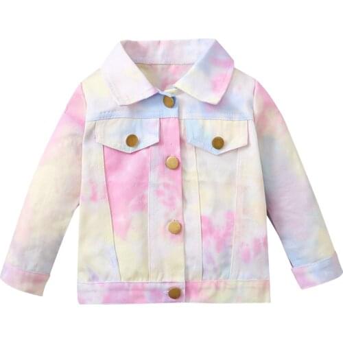 Girls Casual Button-down Jacket Pink Tie-dyed Printed Pattern Long Sleeve Coat 6 Months-4 Years