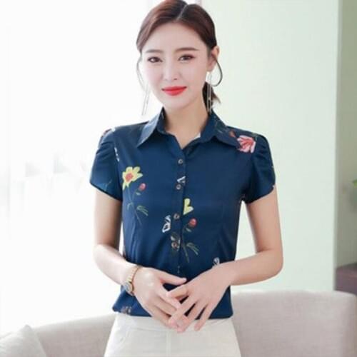 Womens Spring Summer Style Chiffon Blouse Shirt Womens Turn-down Collar Short Sleeve Printed Button Elegant Casual Tops DD8442