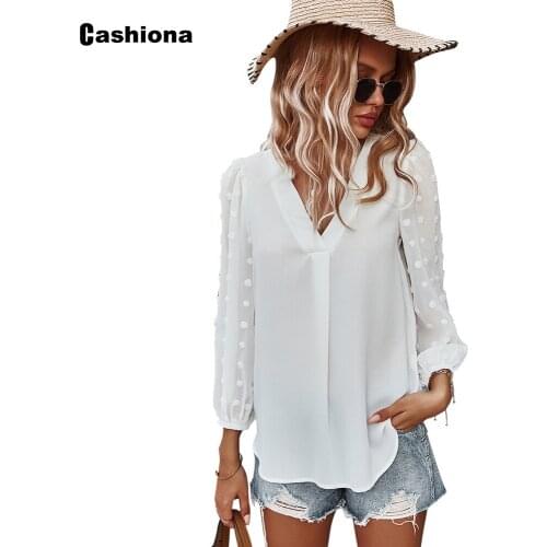 2021 New Summer Office Ladies Elegant Leisure Casual Top Lantern Sleeve Women Patchwork Shirt V-neck Simple Chiffon Blouse Femme