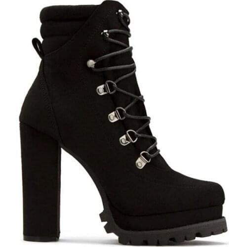 Women Flock Rivet Square High Heels Ankle Boots Female Autumn Fashion Lace-Up Shoes Ladies Elegant Sexy Footwear Big Size