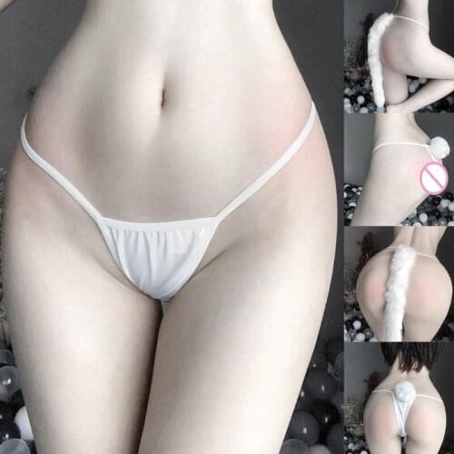 Women Sexy Thong Panties Cute Fluffy Faux Animal Rabbit Tail T-Back Bikini G-String Anime Cosplay Underwear Lingerie