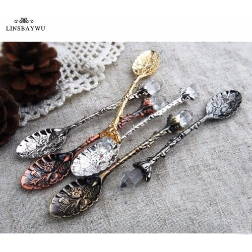 1pc Alloy Crystal Retro Coffee Tea Spoon Carved Flower Small Spoonful Dessert Spoons For Afternoon Tea Little Gift For Souvenir