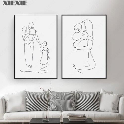 Mother and Daughters Son Art Line Drawing Posters Abstract Minimalist Wall Art Canvas Print Painting Modern Decorative Pictures