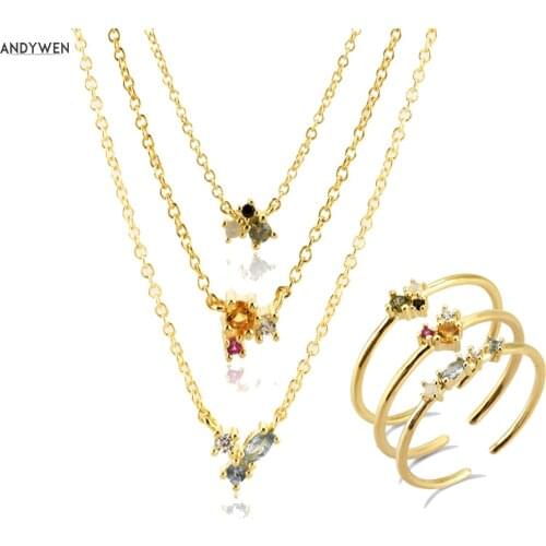 ANDYWEN 100% 925 Sterling Silver Rainbow Three Zircon Necklace Women Crystal Jewelry Round Circle Rings For European Jewelry