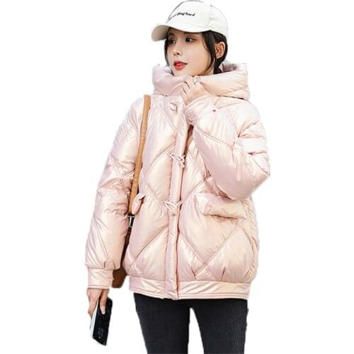 Glossy Down Cotton Coat 2021 New Autumn Winter White Pink Black Plus Size Loose Fashion Thick Warm Hooded Parkas Jacket N1129