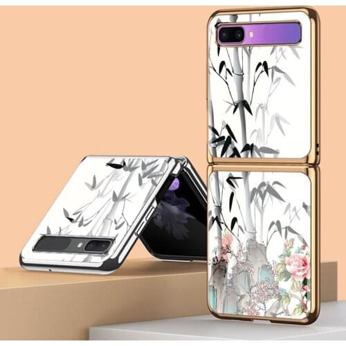 Z Flip Funda Case for Samsung Galaxy Z Flip F7000 5G Ink Bamboo Flower Patterned Tempered Glass Phone Case Cover Z Flip