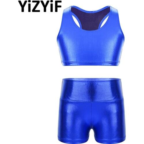 Kids Grils Sportwear Outfit Workout Clothes Gym Fitness Activewear Shiny Metallic Sleeveless Crop Top With High Waist Shorts Set