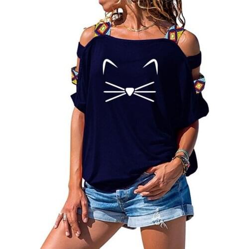 Harajuku T Shirt Women Tops Punk Cartoon Cat Face Letter Print Women Sexy Hollow Out Shoulder Tee