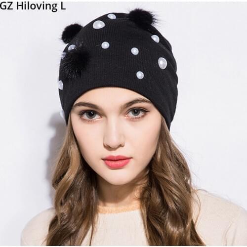 GZHilovingL 2018 Spring And Autumn New Hat Womens Fashion Cotton Ribbed Beanie With Real Fur Pom Pom Pearl Skullies Beanies Hat