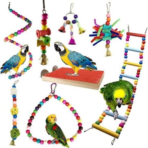 LHXMAS PET TOY Parrot Chew Toys Bird Toy Matte Springboard Swing Rings Bell String 8-Piece Set