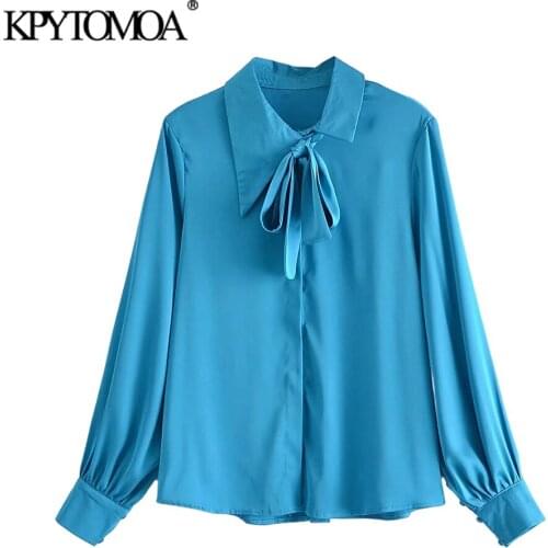 KPYTOMOA Women 2021 Fashion With Bow Tied Soft Touch Blouses Vintage Long Sleeve Hidden Button Female Shirts Chic Tops