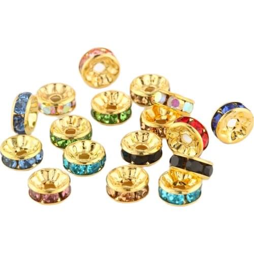 50Pcs Mixed Gold Color Round Rhinestone Rondelles Crystal Beads 4/6/8mm Spacer Beads For Jewelry Making DIY Bracelet Accessories