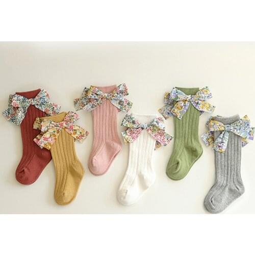Sweet Floral Bowknot Side Design Princess Girls Socks Cotton Solid Color Ribbed Knee High Long Socks for Children Calcetines
