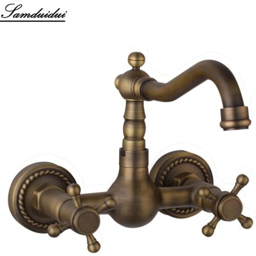 Bathroom Luxury swivel faucet antique brass finished basin faucet classic Decorative pattern wall mounted basin sink faucet