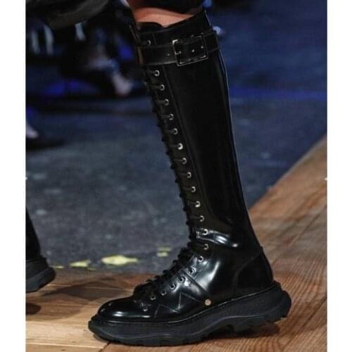 Flat White Black Leather Woman Lace Up Front Round Toe Casual Knee High Martin Boots Girls Buckle Long Knight Boots