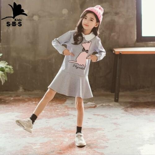 3-10 Years Old Girls Casual Dress Childrens Spring and Autumn Lapel Cat Dress Logn Sleeves Princess Dress