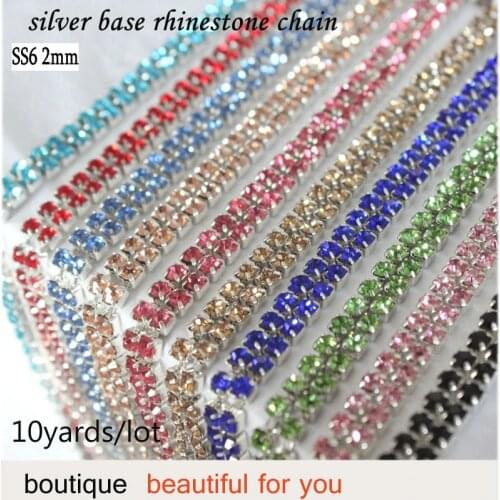 QIAO sewing rhinestone chains 10yards/lot shiny crystal 2mm multicolor colors SS6 silver base close crystal rhinestone chain
