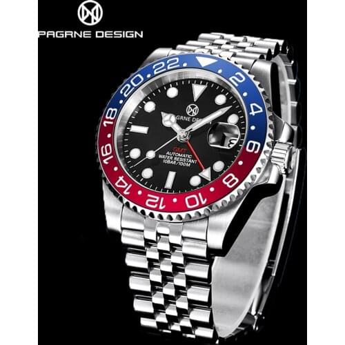 PAGRNE DESIGN Luxurious Watch For Men Stainless Steel Mechanical Watches GMT Waterproof 100M Sapphire Glass Automatic Wristwatch