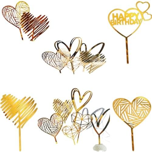 Happy Birthday Love Flag Cake Topper Acrylic Mirror Letter Gold Silver Cake Decoration For Birthday Party Wedding Supplies